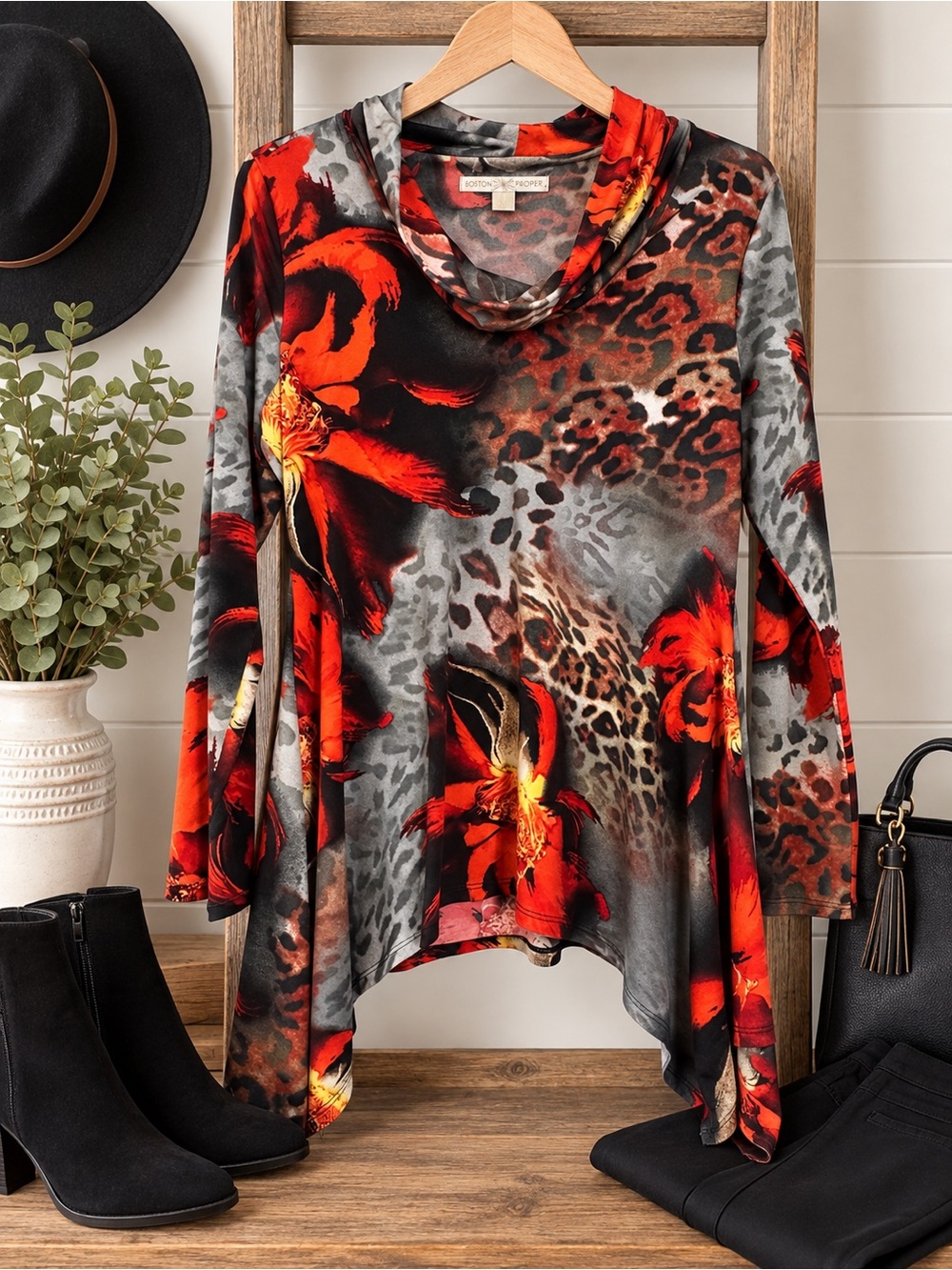 Boston Proper Red Floral & Leopard-Print Cowl Neck Tunic